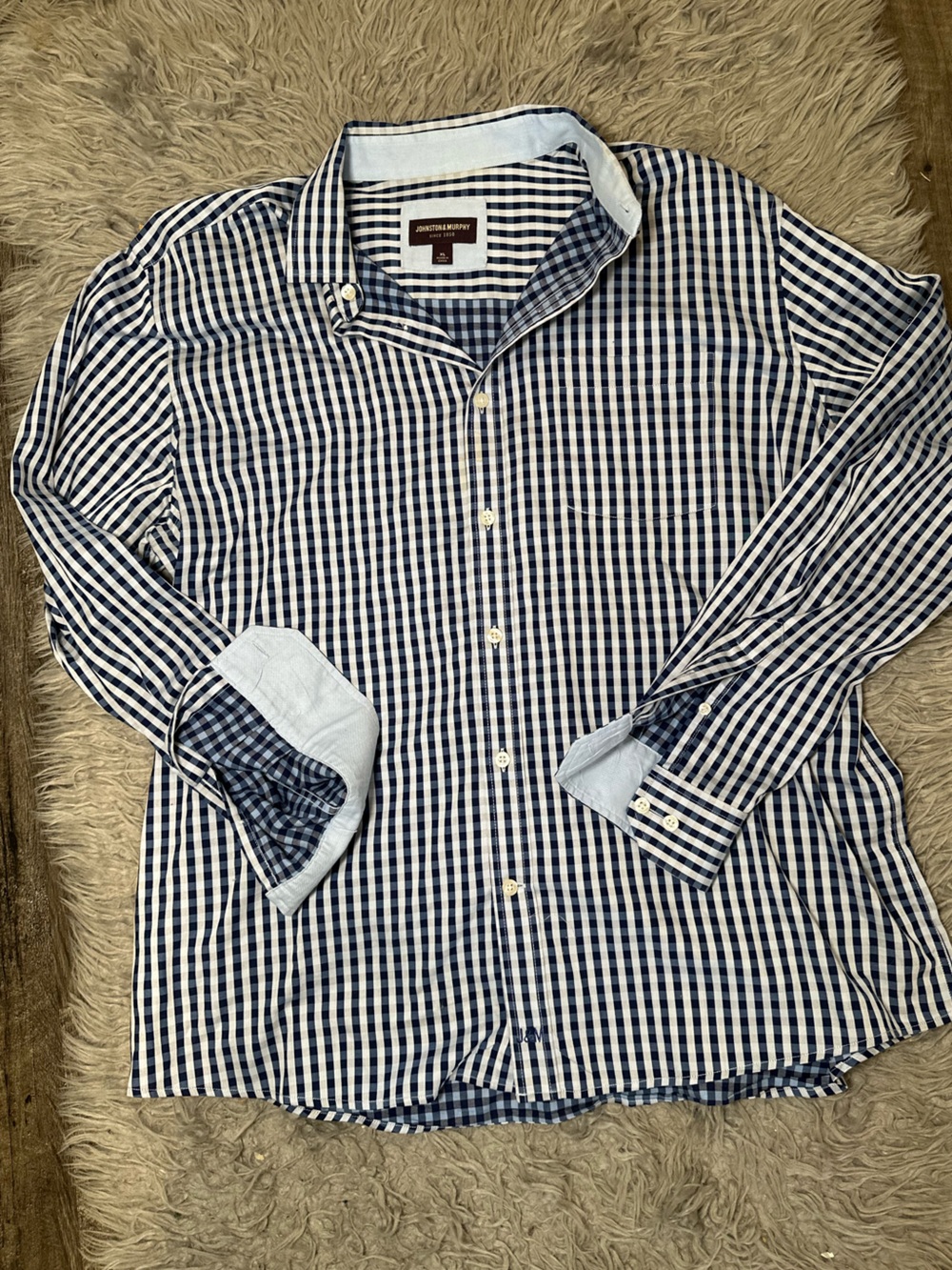 Johnston & Murphy Men’s XL Navy White Gingham Plaid Button Down Dress Shirt